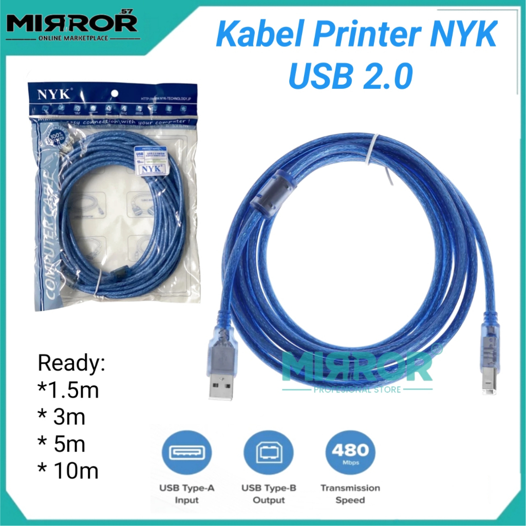 Cable NYK Kabel Printer USB 2.0 Transparent 1.5m / 3m / 5m / 10m