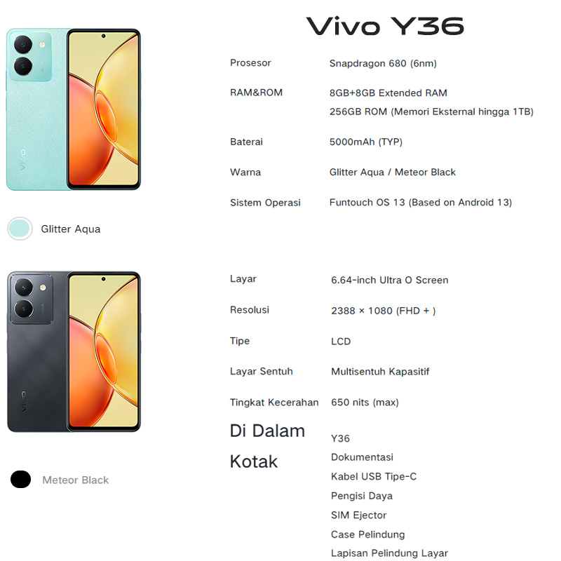 Vivo Y36 5G 8/256GB NFC RAM 8GB+8GB Extended ROM 256GB 44W FlashCharge Garansi Resmi