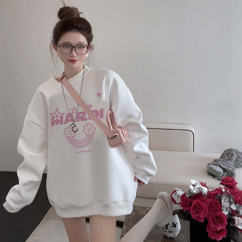 Sweater Lengan Panjang Cartoon Pink Mardi Star Printing Korean Style/Sweater Crop/Baju Wanita/Switer Wanita/Switer