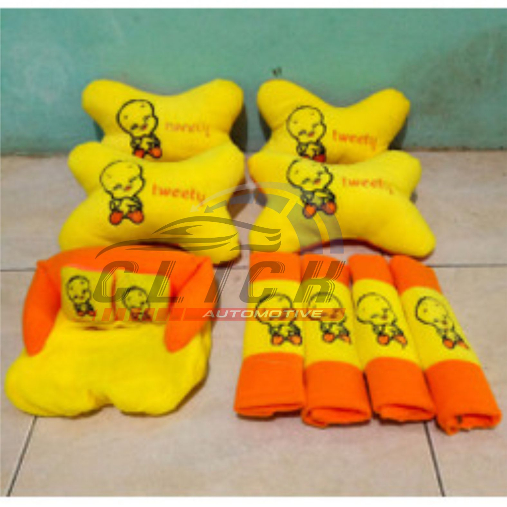 Bantal Leher Mobil Set Karakter Kartun Bantal Mobil Aksesories Headrest Car Set 3in1