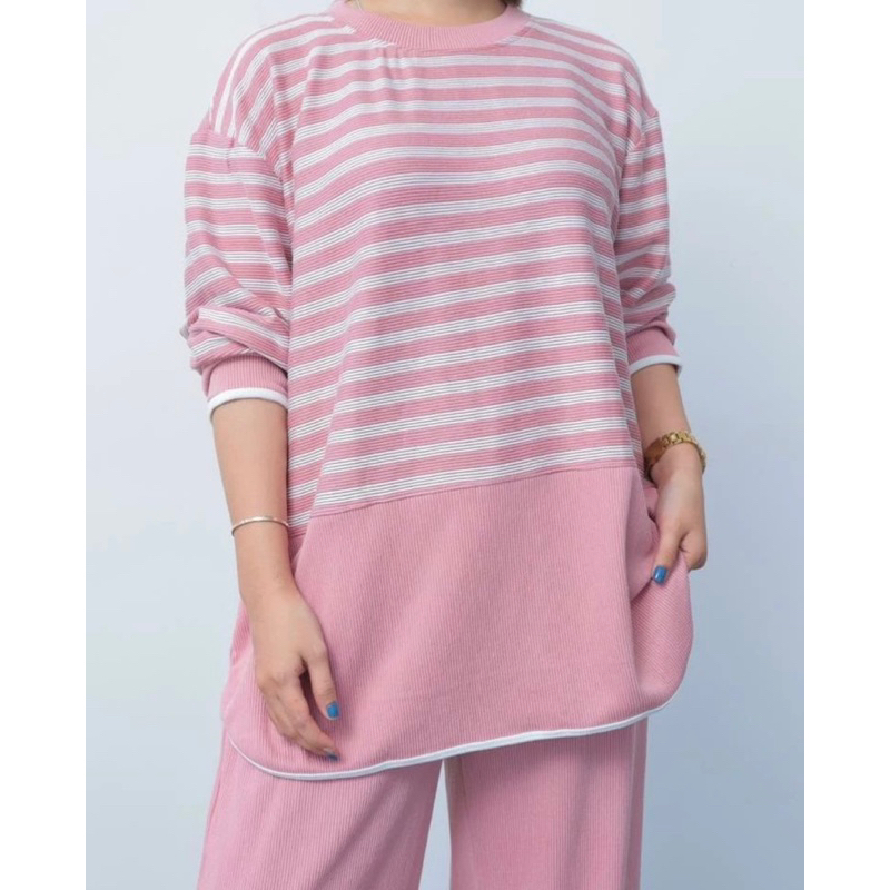 setcel kombinasi salur kaos knit premium setcel wanita setelan celana wanita jumbo oversize