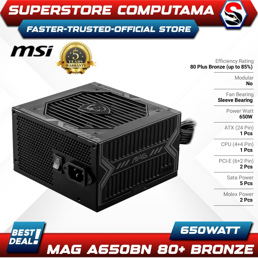 PSU MSI MAG A650BN 650Watt 80+ Bronze / Power Supply MSI MAG A650BN