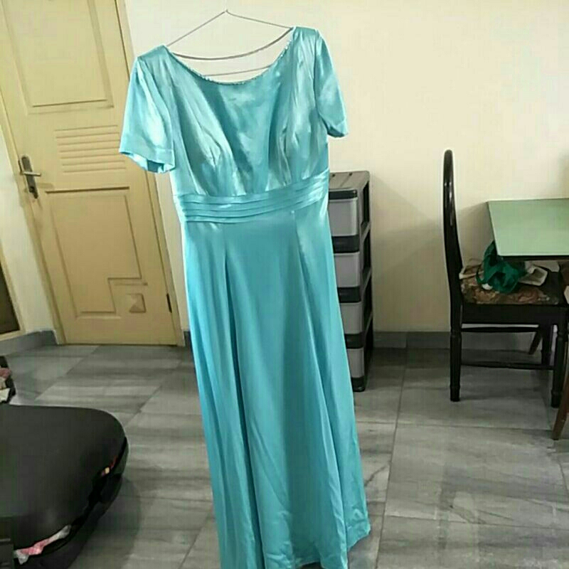 gaun pesta long dress biru langit wanita