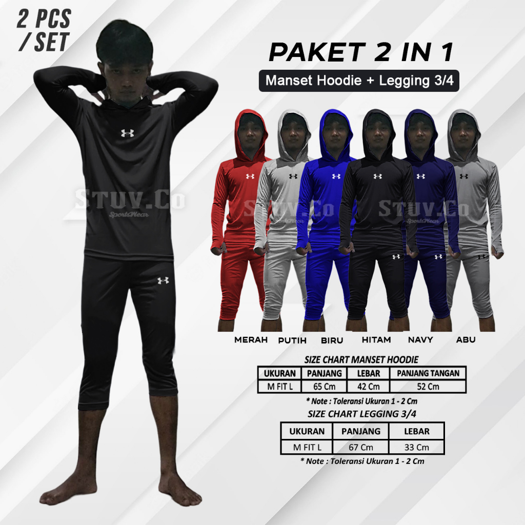 PAKET STELAN 2IN1 BAJU BASELAYER OLAHRAGA MANSET HOODIE DAN CELANA LEGGING 3/4 PRIA WANITA