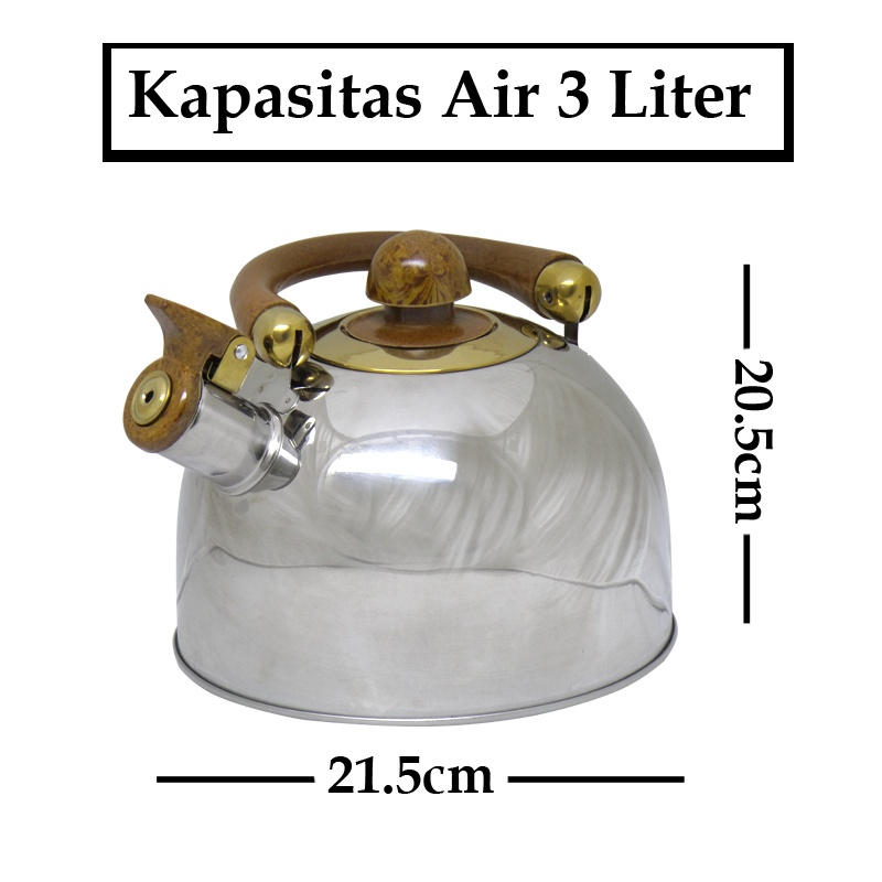 ROSH Teko / Ketel / Ceret 3 Liter Whistling Kettle Wooden Stainless Steel Anti Karat ROSH