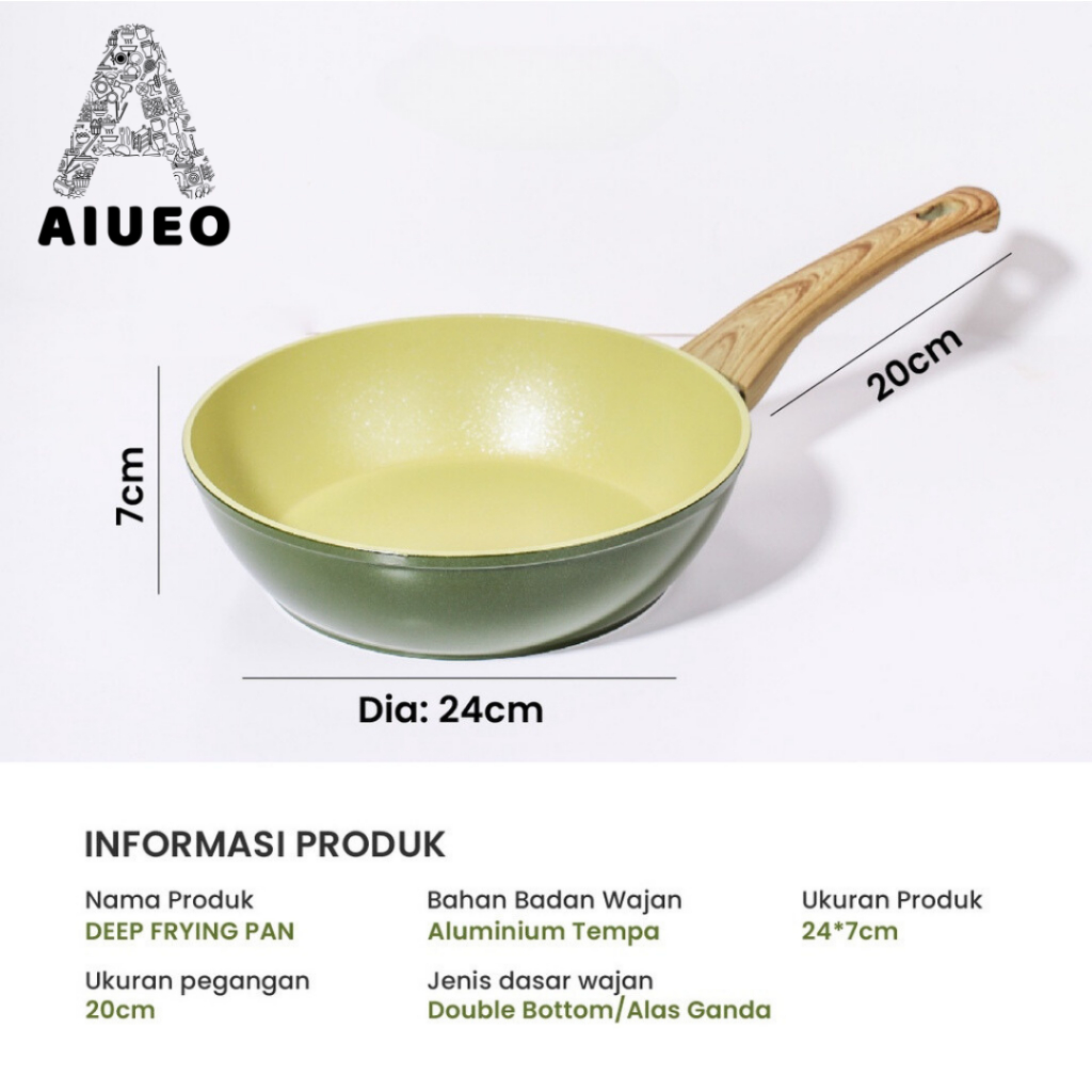 Penggorengan Anti Lengket Set Lengkap - Deep Frying Pan 24Cm + Tutup Kaca Tebal Stainless Steel - Penggorengan Warna Hijau Deep Fryer | Wajan Masak Anti Lengket ukuran 24cm