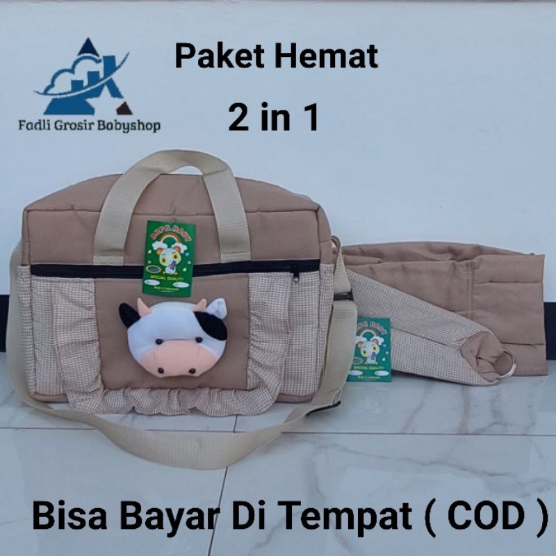 Paket Hemat (2 in 1) Tas Bayi Besar Fadli Boneka Sapi Dan Gendongan Bayi Samping Polos