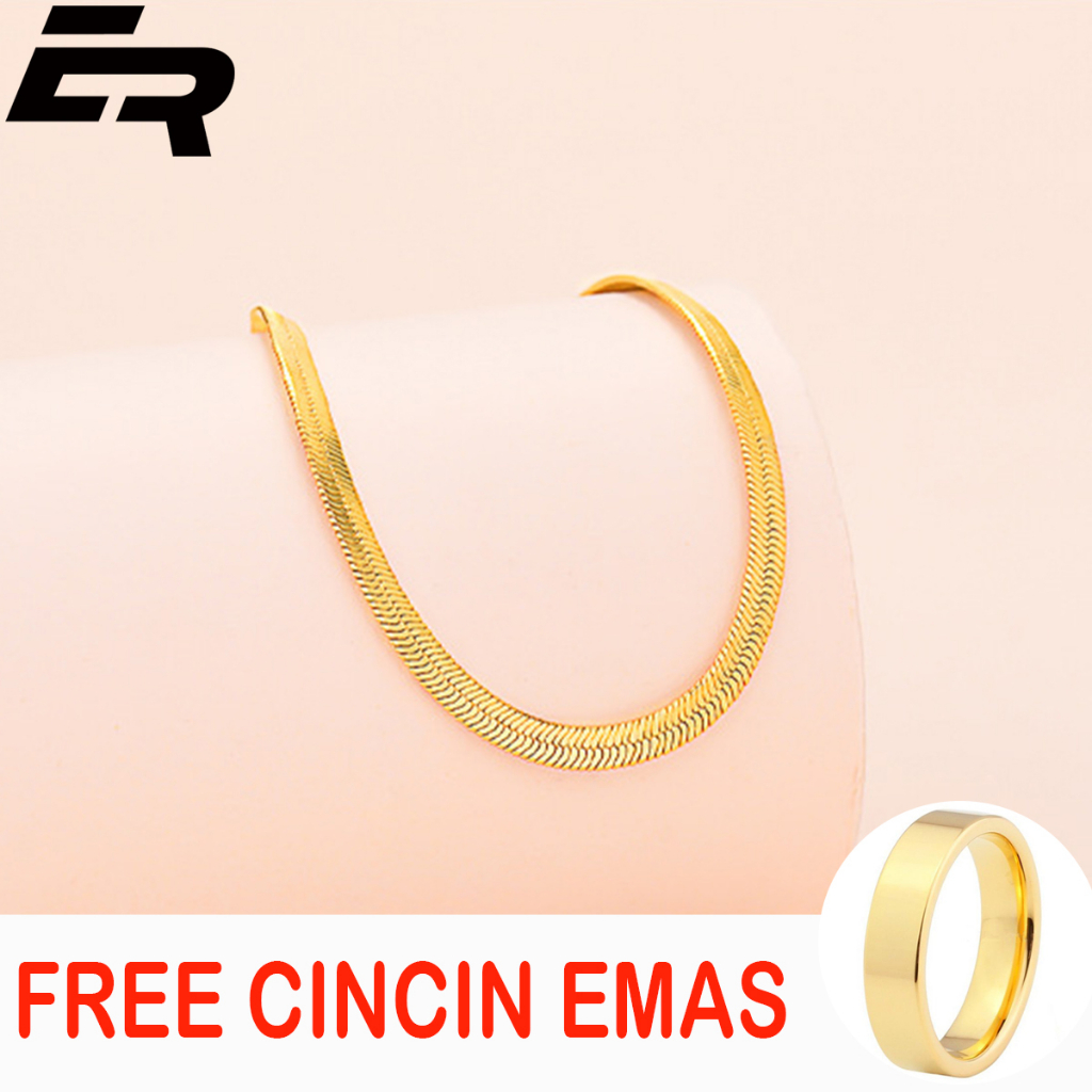( Free Cincin Emas ) Kalung Gepeng Emas Pria / Kalung Titanium Belut Gepeng Emas Unisex Pria dan Wan