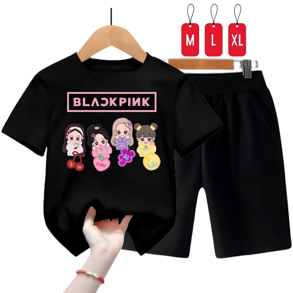 Hzl_outfit Setelan Kaos Anak Cewek B.Pink Kartun/Kaos Set Celana Pendek