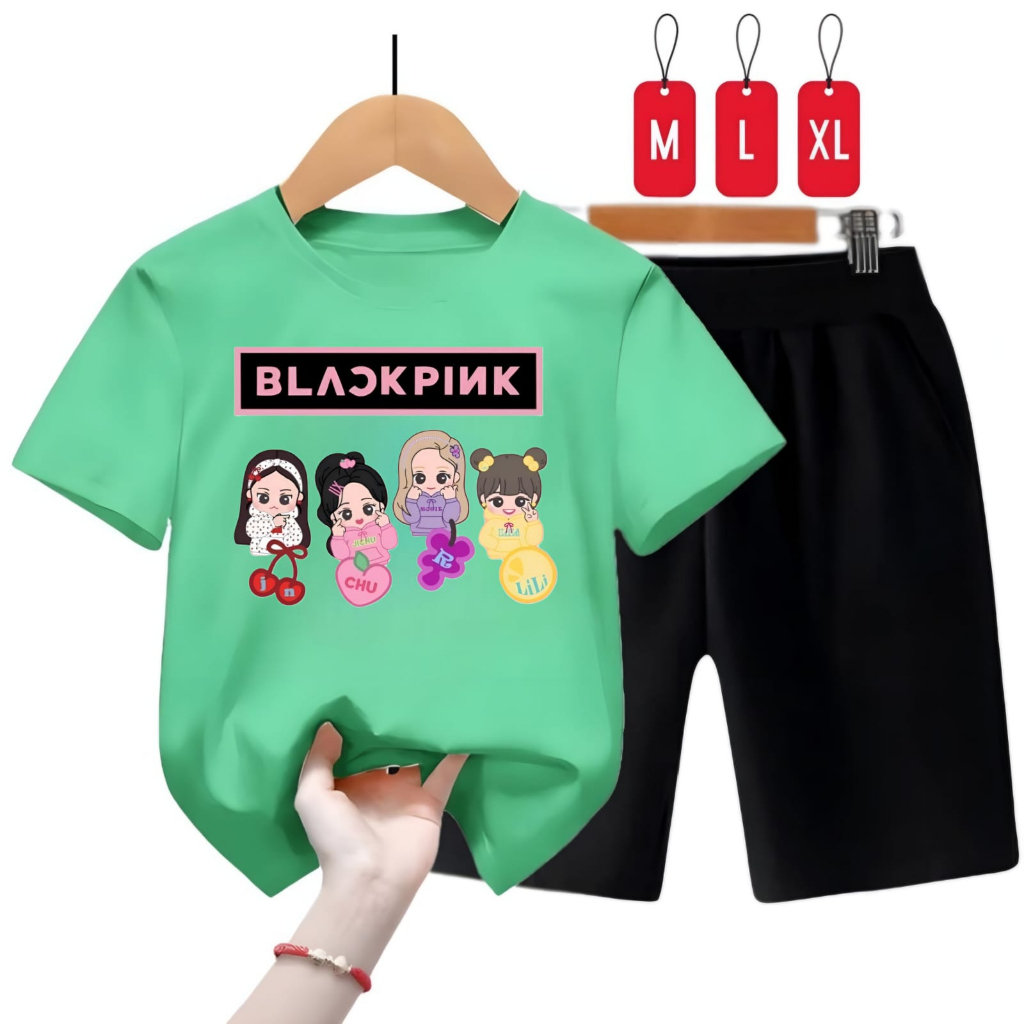 Hzl_outfit Setelan Kaos Anak Cewek B.Pink Kartun/Kaos Set Celana Pendek