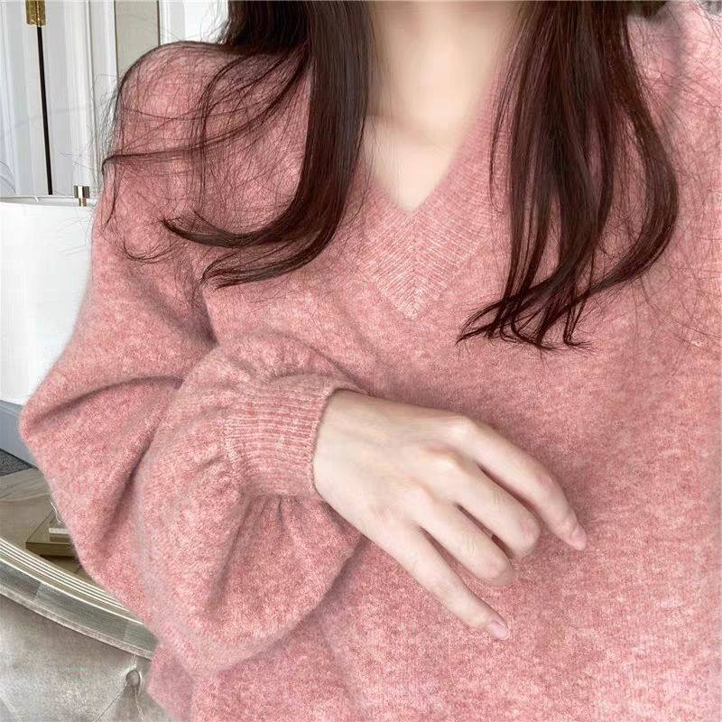 Sweater Knit Wanita Oversize Lengan Panjang V Casual Atasan