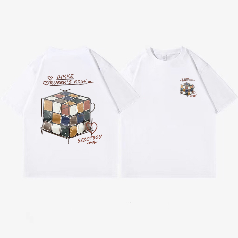 XiaoZhaiNv Kaos Atasan Oversize Wanita Colorful Magic Cube Pattern Lengan Pendek A0480