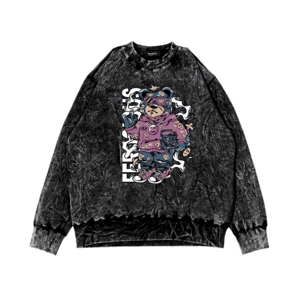 FEROCIOUS SWEATER CREWNECK WASHED METAL LOGO BEAR RADIO AESTHETICS - SWEATER CREWNECK WASHING HITAM - PRIA &amp; WANITA