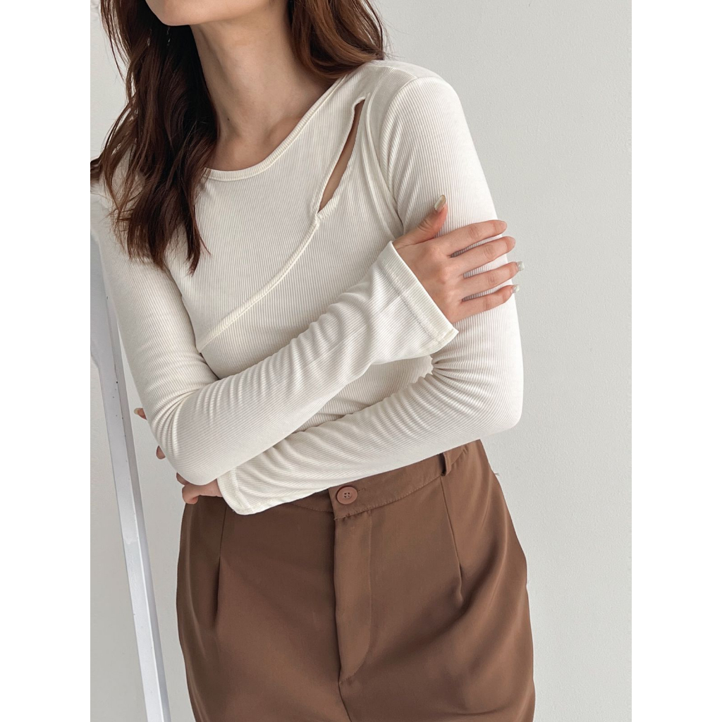 Alice Knit Top Rib Fitted Long Slevee - Atasan Wanita Korean Style - Naeyon 095 NKD