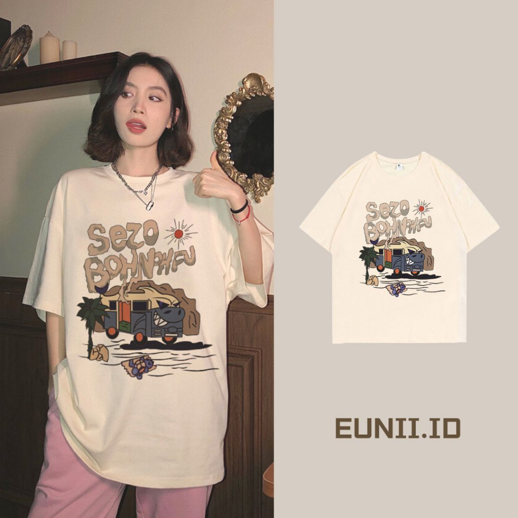 EUNII T-shirt Lengan Pendek Cartoon Desert Bus Korean Style/Kaos Atasan Wanita/Baju Kaus Oversize Wanita/Kaos Wanita