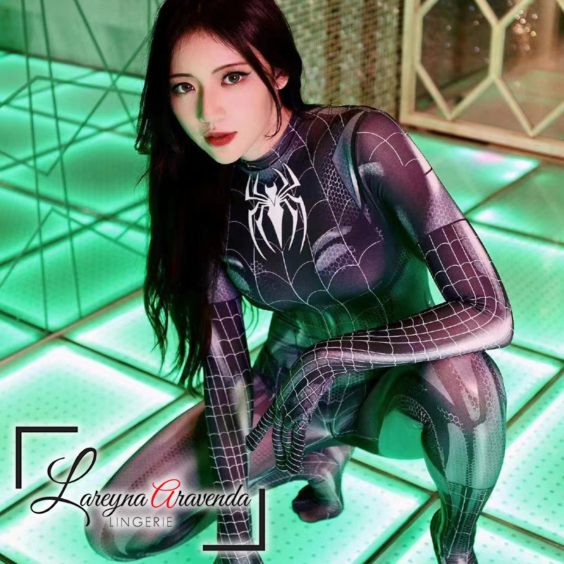 Lareyna Aravenda Bodysuit Wanita Lingerie Kostum Playsuits Cosplay Superhero Black Spiderman LG165