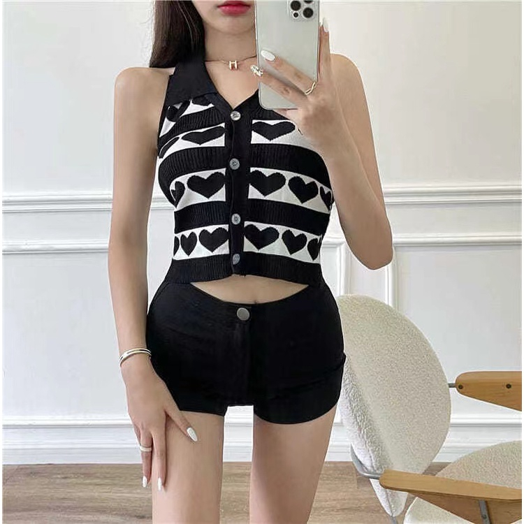 【Premium】Summer Irregular Pattern  Sexy Hanging Neck Crop Backless Tank 7379
