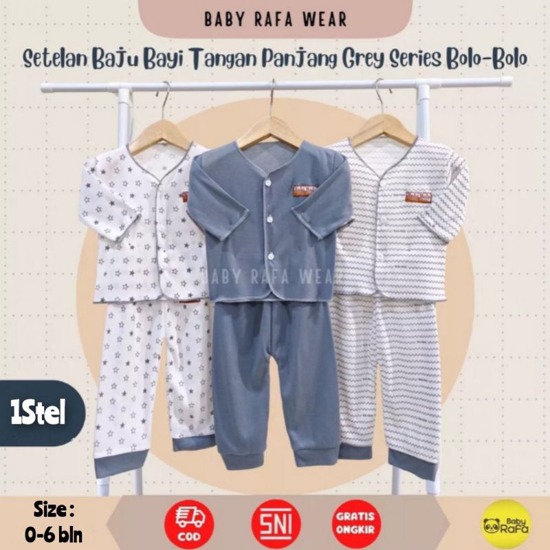 [rumahbayipdg] Stelan baju bayi 0-6 Month || set lengan panjang abu series