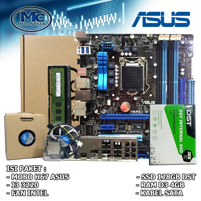 Mobo Mainboard H67 4slot LGA 1155 + Processor i3 3220 + fan intel