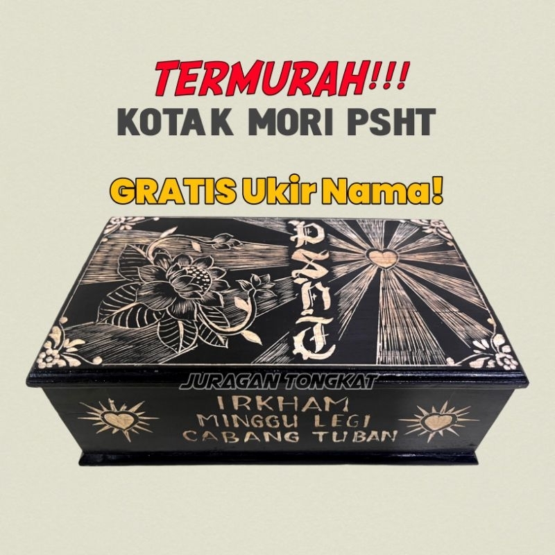 Kotak Mori PSHT Kayu Jati Ukir FREE UKIR NAMA motif Ukir Bunga Terate Love Bersinar / Kotak Mori Uki