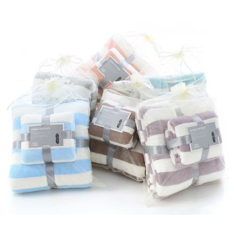 Handuk Mandi 2in1 Motif Garis Super Lembut Bahan Cotton, Menyerap Air - WORLDHOME