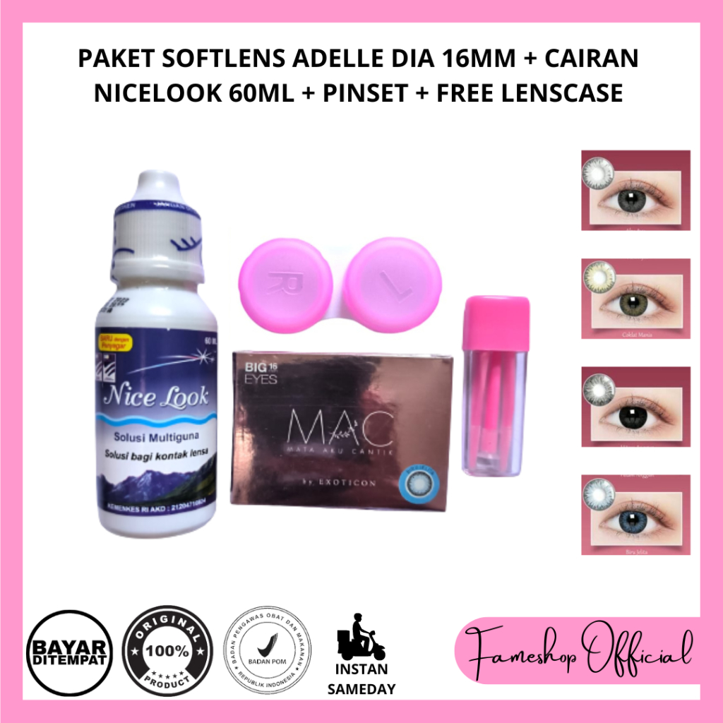 PAKET SOFTLENS MAC MATA AKU CANTIK DIA 15MM + CAIRAN NICELOOK 60ML + PINSET + FREE LENCASE