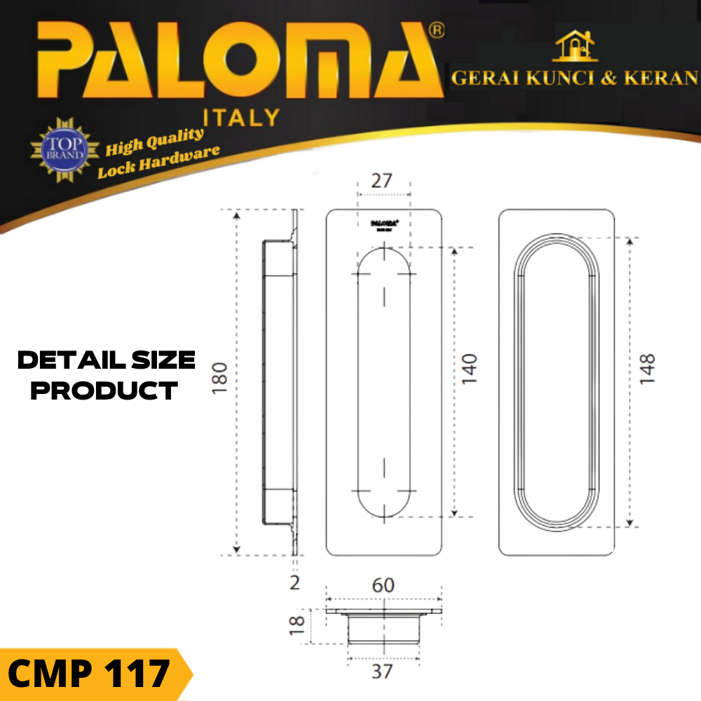 Handle Pintu Sliding PALOMA CMP 117 SQ 18cm | Comen Flush Tanam Geser