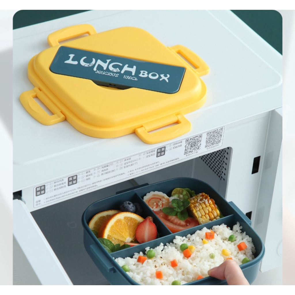 Kotak Makan Lunc Box Bento 3 Sekat Include Sendok &amp; Garpu Volume 1100ml