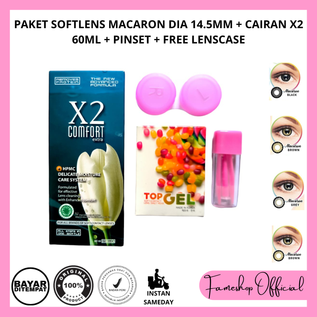 PAKET SOFTLENS TOP GEL MACARON 14.5MM + CAIRAN X2 60ML + PINSET + FREE LENCASE