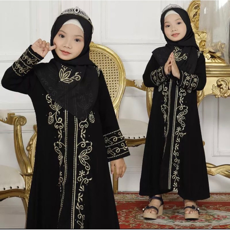 GAMIS SYARI ABAYA HITAM ANAK ADIVA GOLD PLUS PASMINA