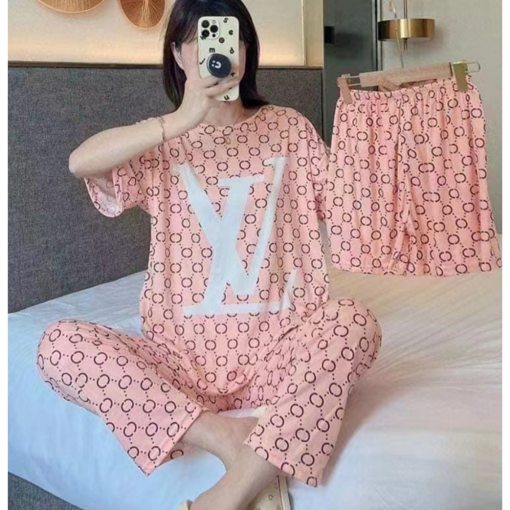 3 IN 1 SETELAN BAJU PIYAMA WANITA IMPORT LENGAN PENDEK CELANA PANJANG