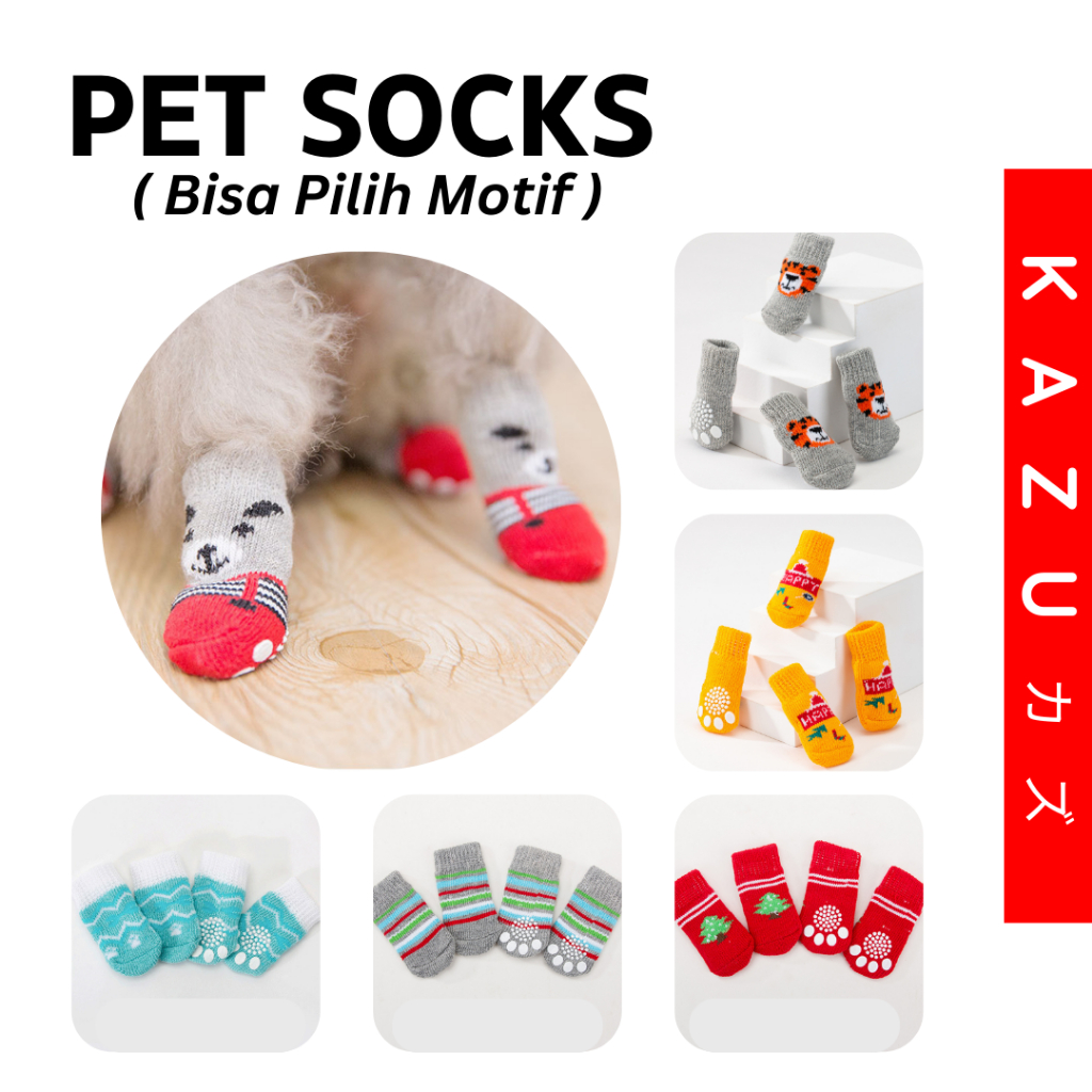 KAZU KPT113 Kaos Kaki Anjing Kucing Pet Dog Cat Socks 4pcs Anti Slip Aksesoris Hewan Peliharaan