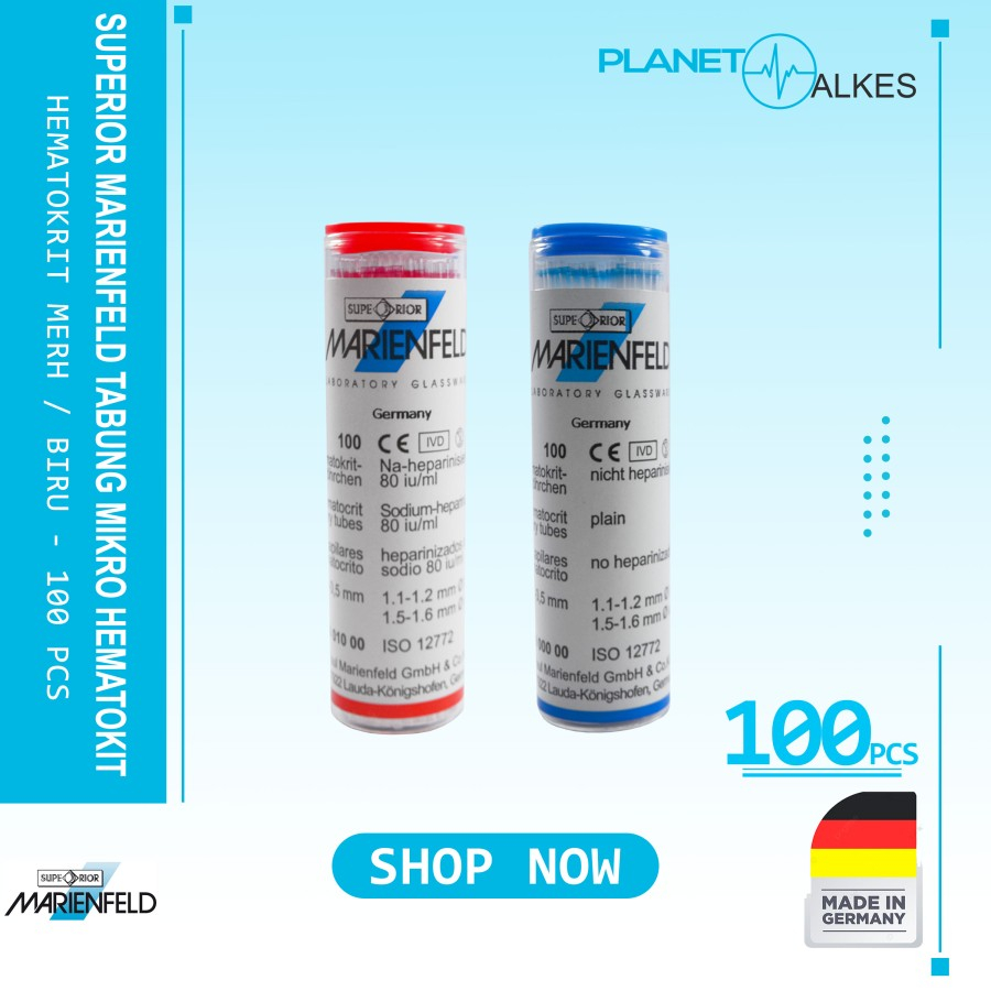 Tabung Mikro Hematokrit SUPERIOR MARIENFELD Hematokrit Tube / Heparine Red BLUE Non Heparine  isi 10