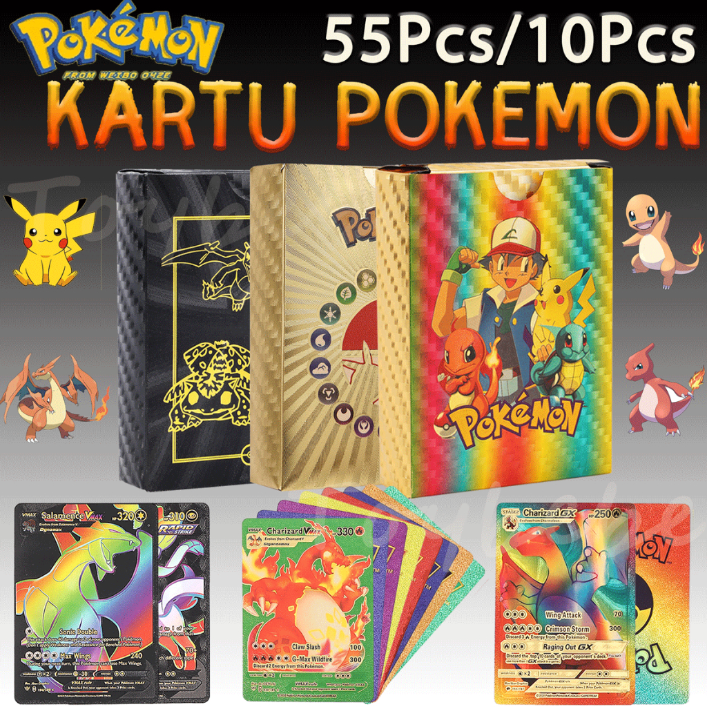 [Ready]10pcs ORI Kartu Pokemon Go Pikachu Charizard Bahan Metal Warna Emas Silver Bahasa Inggris Unt