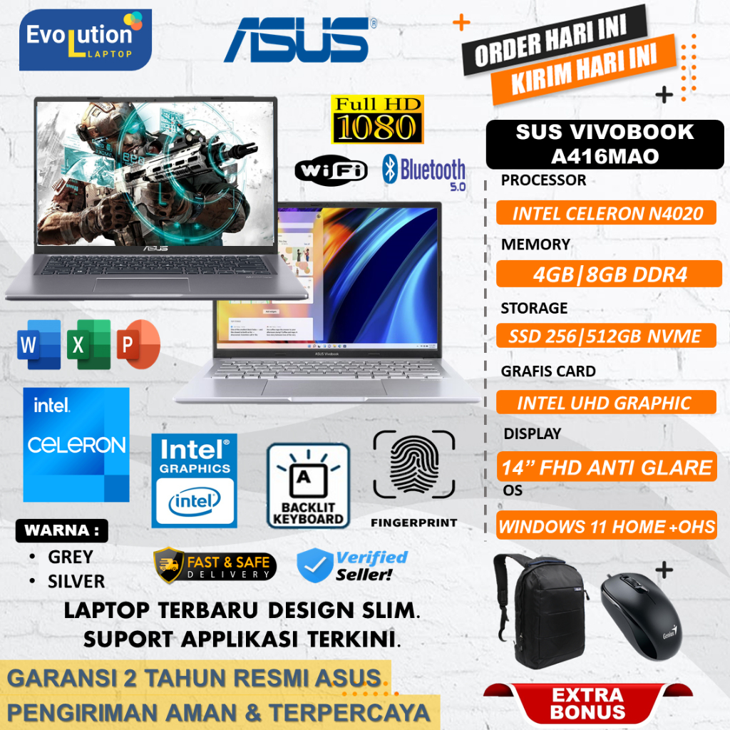 Promo Laptop pelajar Baru Asus Vivobook A416MAO INTEL N4020 8GB 512gb SSD FHD Windows11