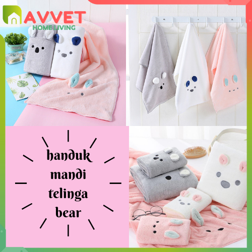 AVVET Microfiber Import Karakter Kartun Lembut Wearable Towel Murah Import Handuk Mandi Telinga Bear Baby