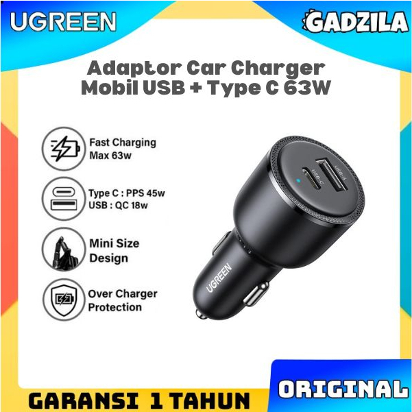 UGREEN Adaptor Car Charger Mobil USB + Type C PD Fast Charging 63W Untuk Samsung S22 Ultra Iphone 14 13 12 90645