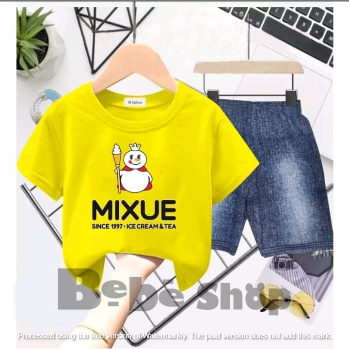 Setelan baju anak cewek cowok karakter Mixue celana denim usia 1smpai 6 tahun