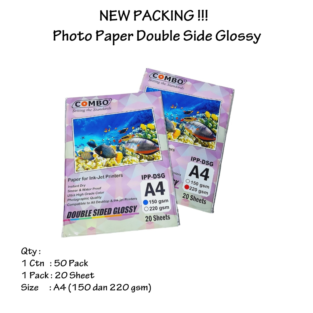 

Kertas Foto A4 2 sisi / Photo Paper Glossy Double Side A4 220Gr Combo