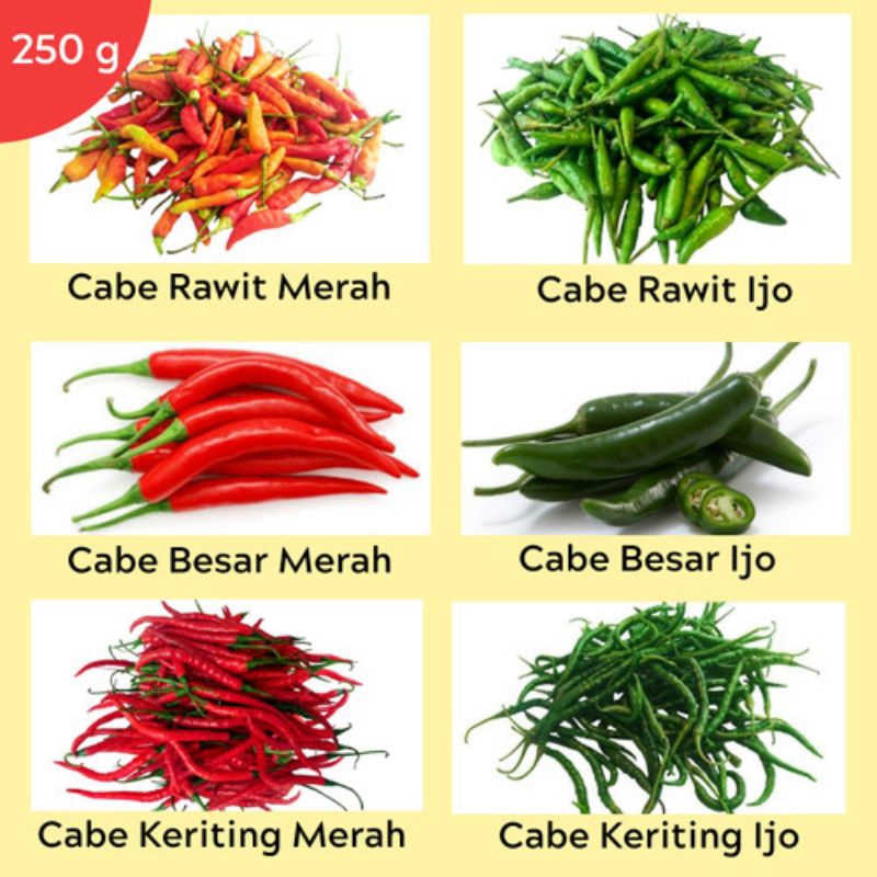 Cabai Rawit Merah / Cabai Keriting / Cabai Merah Besar / cabai Hijau 250gr 100gr( Sayur ) Cabe