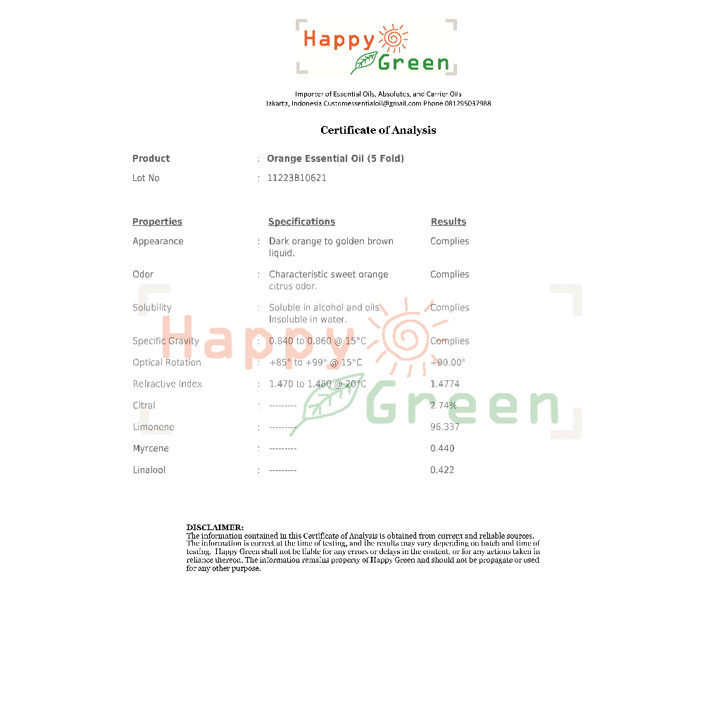 Happy Green Orange Essential Oil (5 Fold) - Minyak Kulit Jeruk Oren 100% Murni