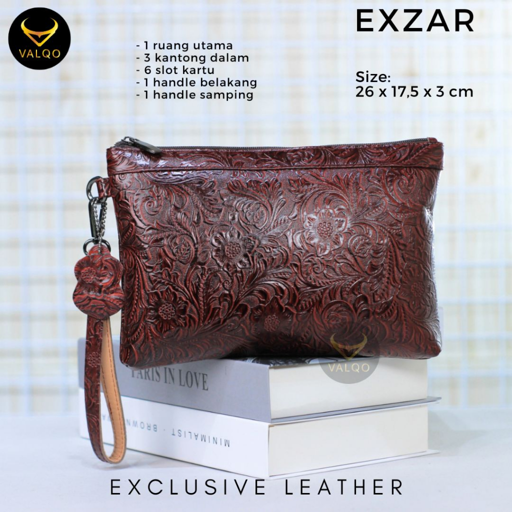 [VALQO] EXZAR Clutch kulit Sapi Motif Batik Pouch Kulit Handbag Wanita Pria 6 Slot Kartu Tas Tangan