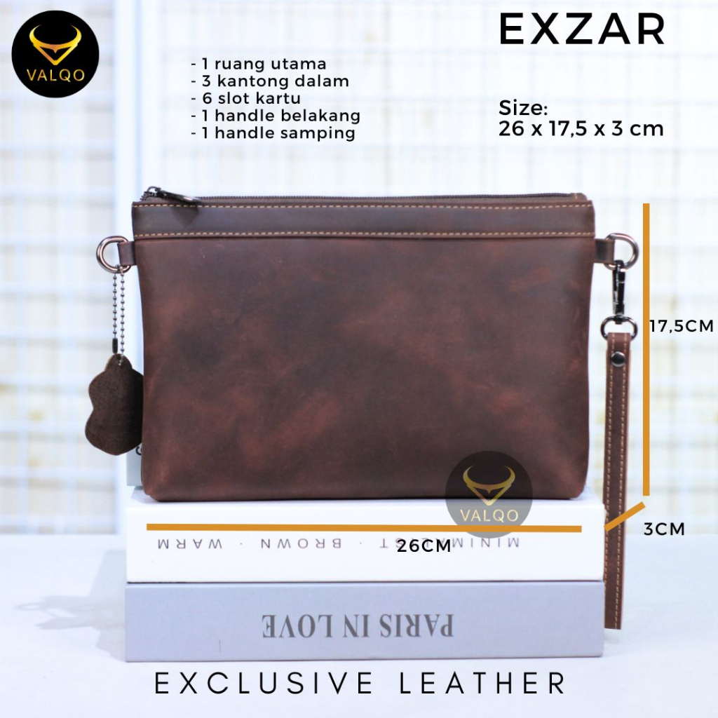 [VALQO] EXZAR Clutch kulit Sapi Pouch Kulit Handbag Wanita Pria 6 Slot Kartu Tas Tangan