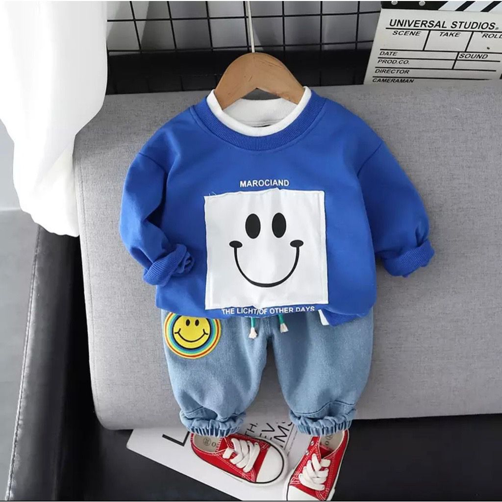 SETELAN SWEATER SMILE LUCU DAN CELANA JEANS JOGER ANAK IMPORT USIA 1-5 TAHUN/SWEATER SMILE DENIM/OUTFID FASHION BABY BAYI KEKINIAN TERPOPULER