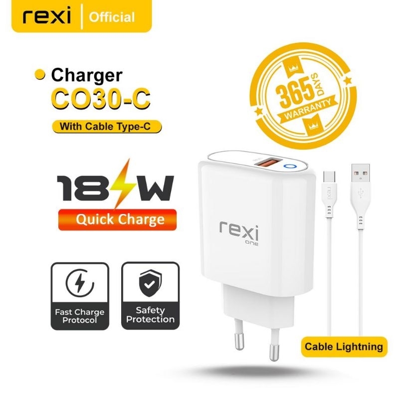 Rexi CO30 Fast Charging 18W 3A Charger with Micro USB / Type-C / Lightning Cable