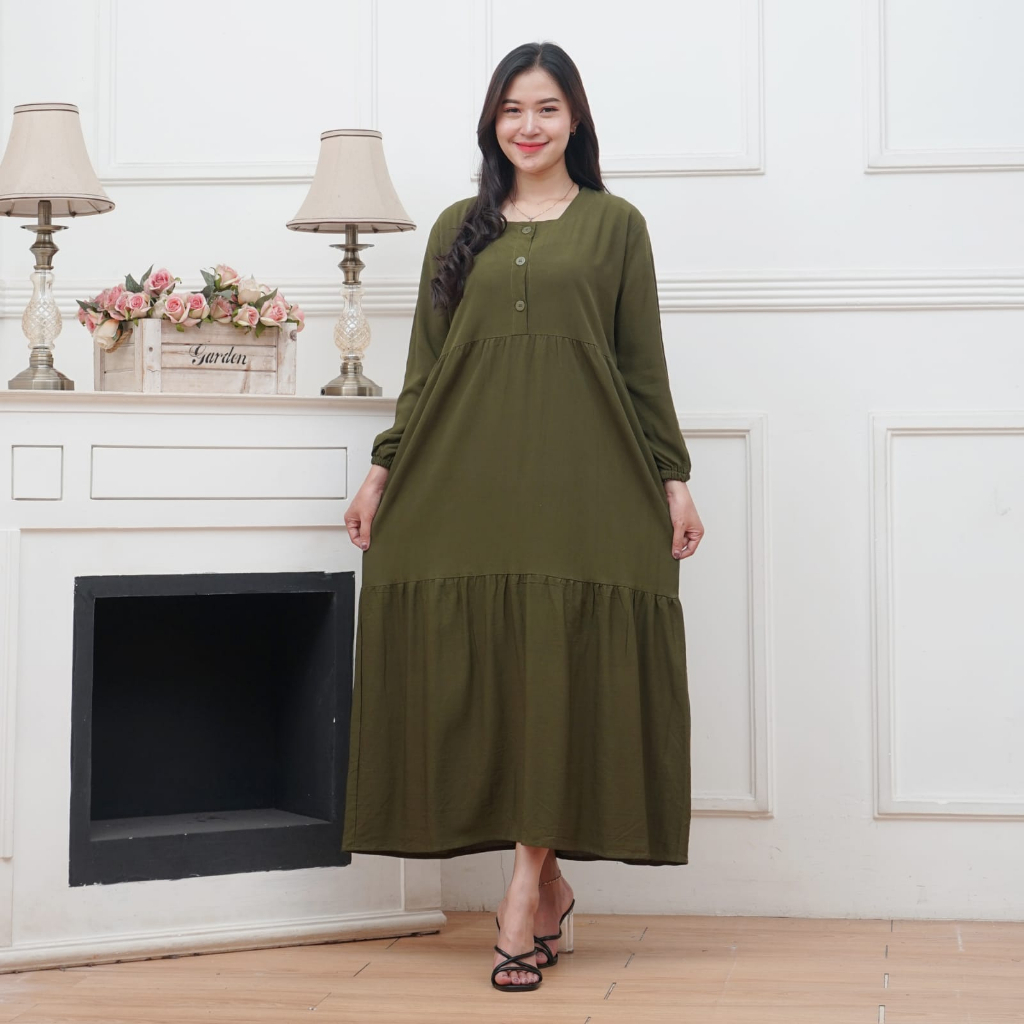 MIDI DRESS WANITA BAHAN RAYON BUSUI FRIENDLY | GAMIS MIDI KANCING DEPAN LENGAN 7/8