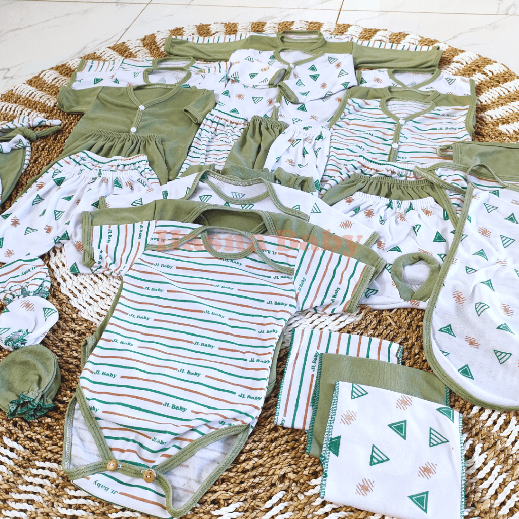 36 Pcs Paket Lahiran Lengkap Baju Bayi Celana Bayi Baru Lahir seri Hijau Sage Karakter Lucu, Sartaki, Jumper, Popok Tali, Baby Newborn Gift Set -Juragan Lebak