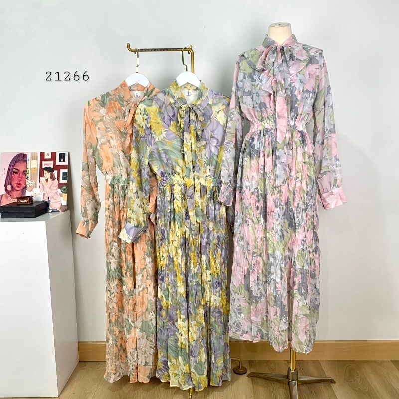 21266 Long Maxi Flower Sifon Mix Plisket QING YI GUD Premium/Long Maxi Dress Plisket Motif Bunga Imp