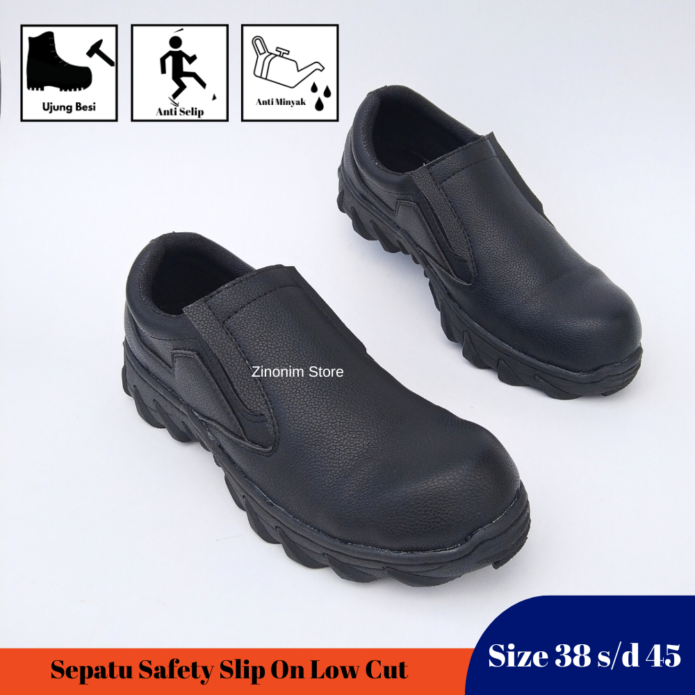 Sepatu Safety Slip On Pria Low Cut Tanpa Tali Hitam Kerja Ujung Besi Ukuran 38 39 40 41 42 43 44 45 Zinonim Store