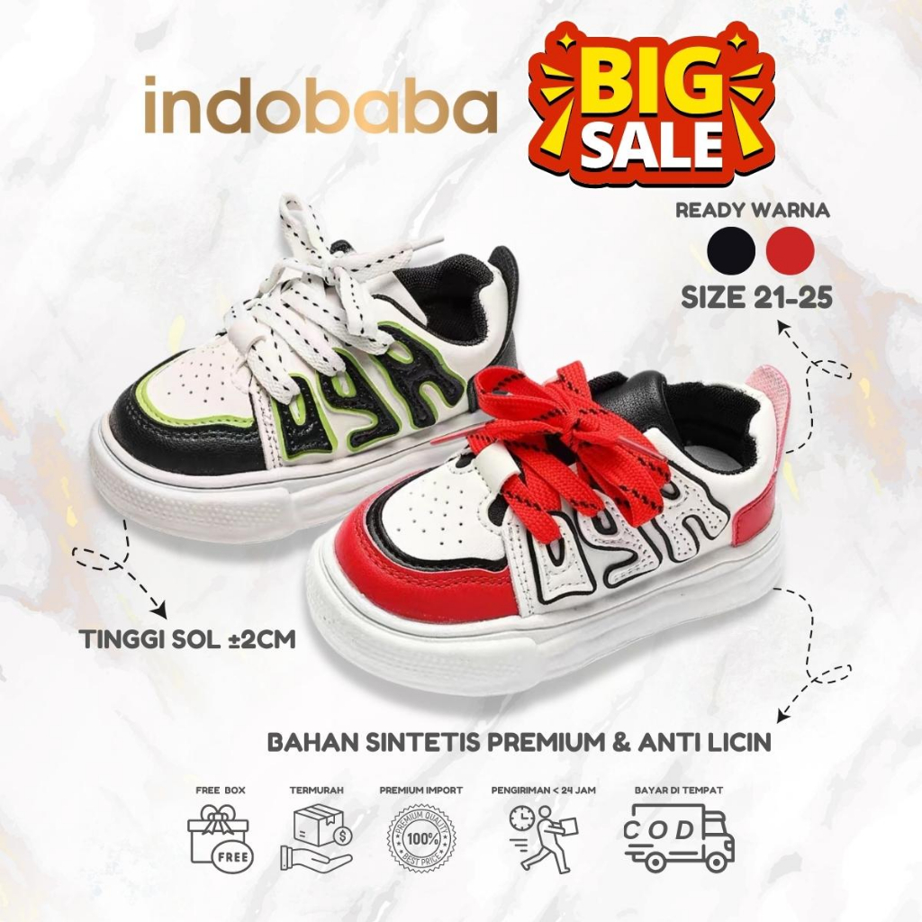 indobaba Sepatu Anak Perempuan Sneakers Anak Import Sport Unisex Warna Hitam &amp; Merah 1-5 Tahun S132